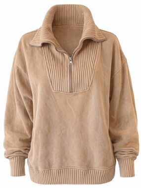 Aerie Tan Ribbed Half Zip Pullover Sweatshirt Cozy Oversized Vibes XS